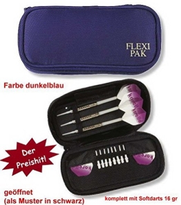 Darttasche Einsteiger Komplett-Set, inklusive Darttasche Flexi-Pak in Ausführung schwarz komplett mit einem Satz (3 St.) hochwertigen, verchromten Softdarts ca. 16g, Ein Set Karella Ersatzflys + 10 Ersatzspitzen - 1